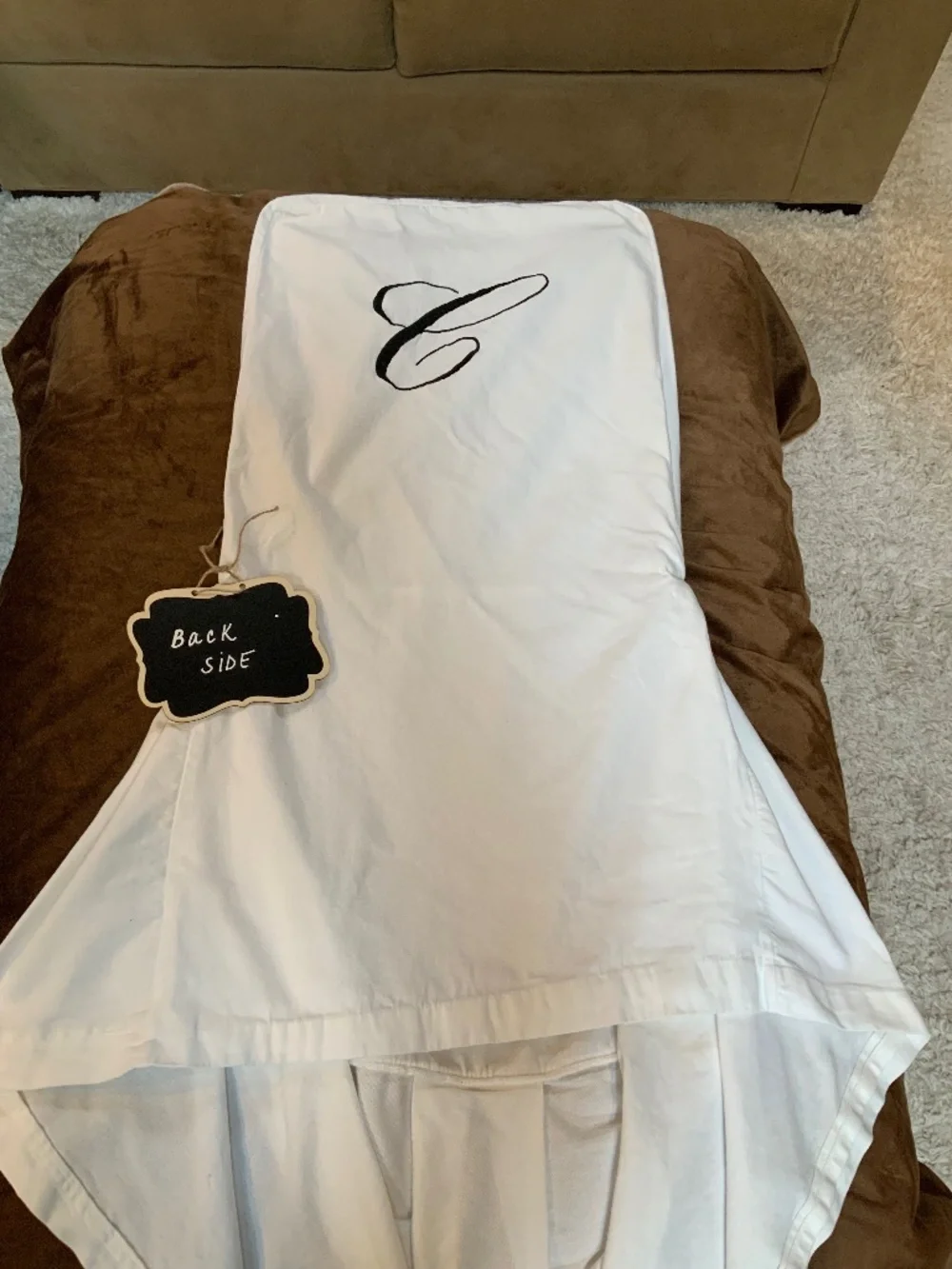 Chair Cover White Black Embroidered C on back Cotton Coastal Cottagecore Wedding